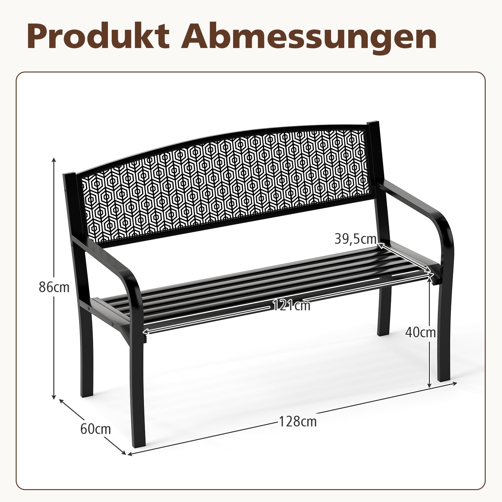 Trädgårdsbänk – Metall Väderbeständig Sittbänk för Personer Balkongbänk med Armstöd – 2 128 x 60 x 86 cm – Svart