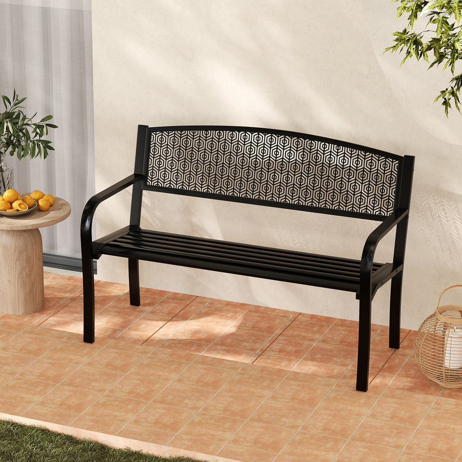 Trädgårdsbänk – Metall Väderbeständig Sittbänk för Personer Balkongbänk med Armstöd – 2 128 x 60 x 86 cm – Svart