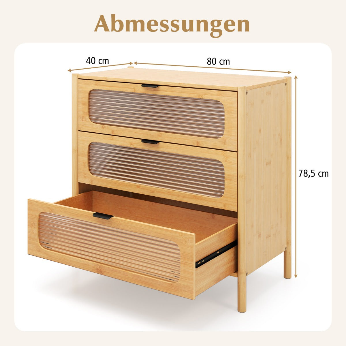 Kommodeskåp – med lådor, sidobord i bambu och härdat glas, – 3 80 x 40 x 78,5 cm – Natur