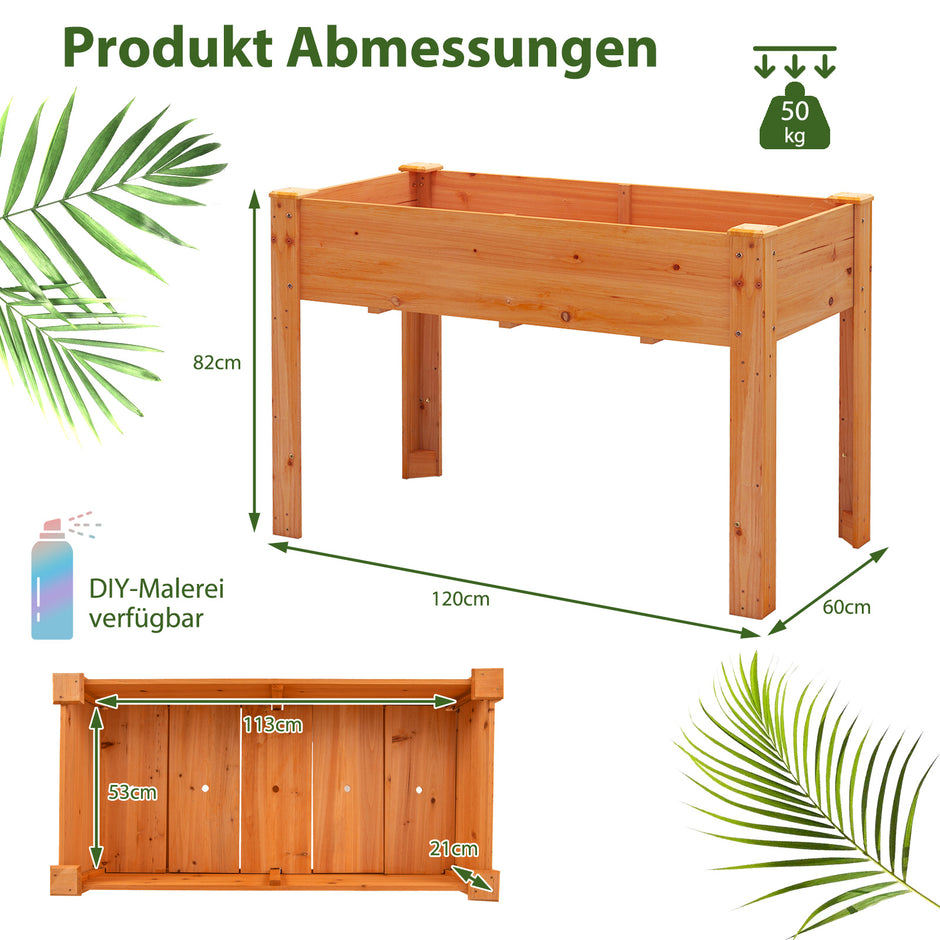 Höjdodling – Trä Förhöjd Trädgårdsbädd Planteringslåda med dräneringshål Grönsaksbädd Planteringsbädd rektangulär – 120 x 60 x 82 cm – Brun
