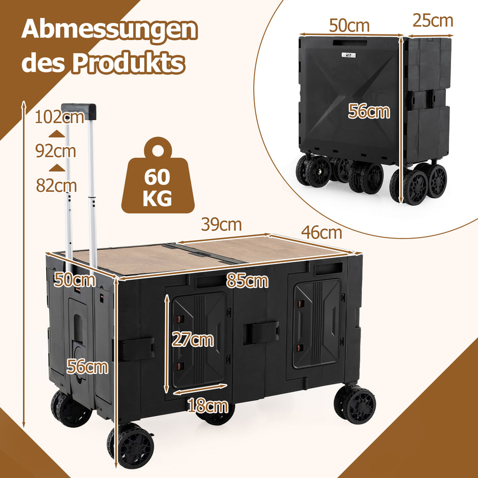 Fällbar – bollerwagen handvagn med bordsskiva och lådor justerbart handtag dryckeshållare – 2 – Svart