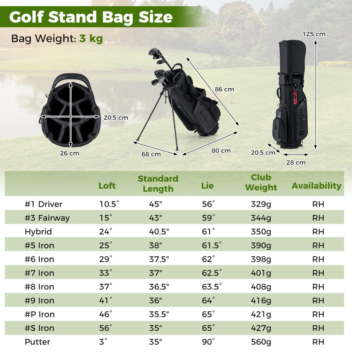 Del – Golfklubba Set för Högerhänt med Golfväska Stå bag – 11 – Svart