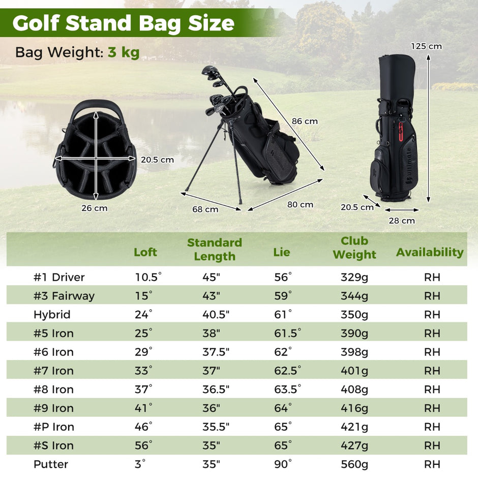 Del – Golfklubba Set för Högerhänt med Golfväska Stå bag – 11 – Svart