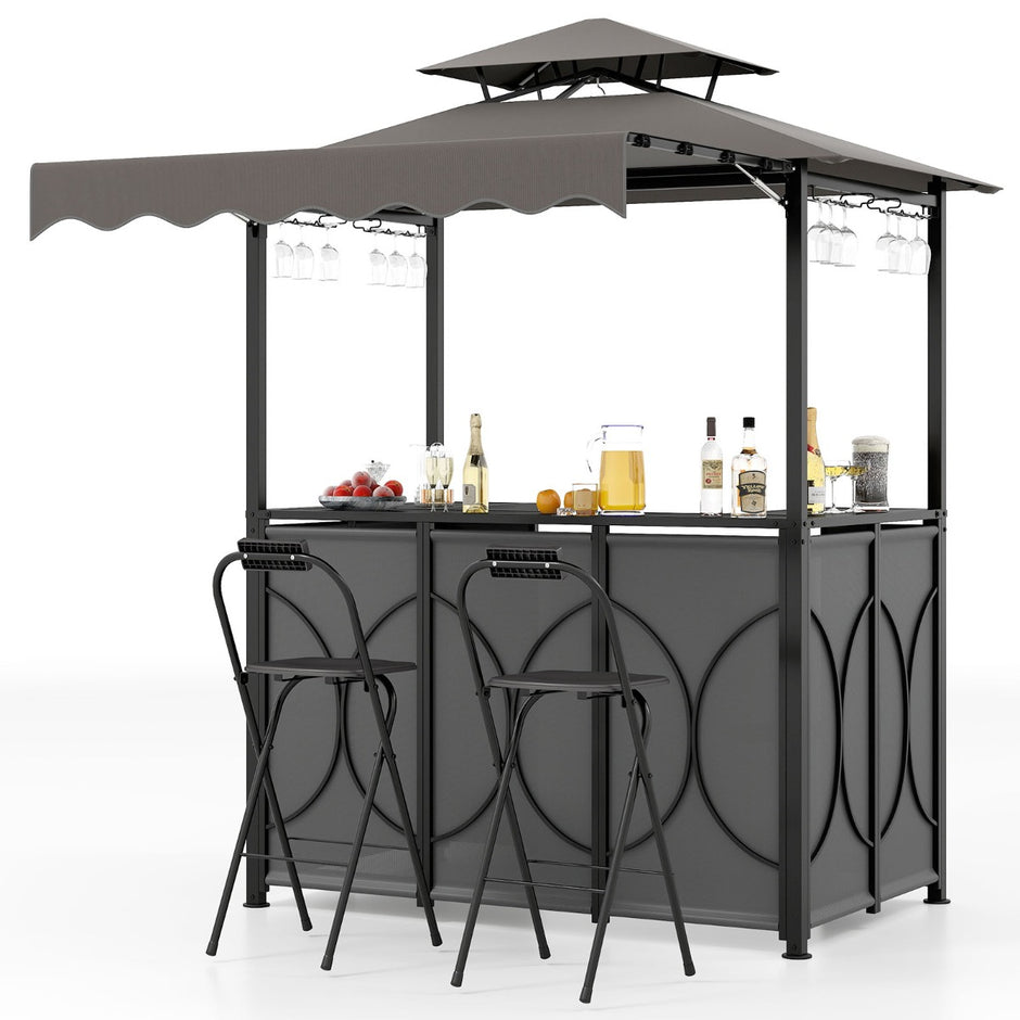 Väderbeständig – grillpaviljong med bar och barstolar, trädgårdspaviljong dubbelt tak markis, – 2 . – Grå