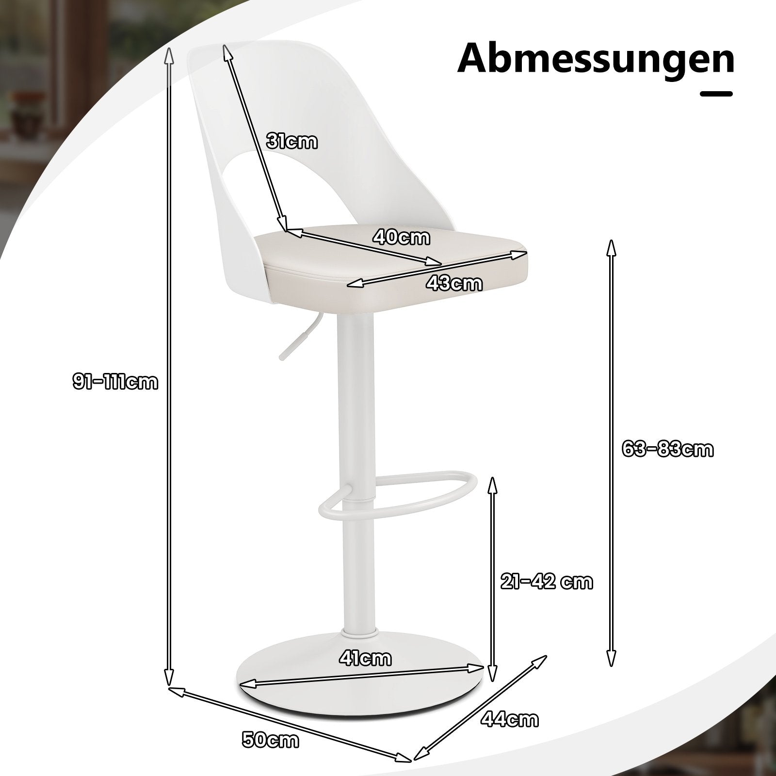 Barstol – pack 360° svängbara höj och sänkbara snurrstolar Kökstolar med konstläder sits ryggstöd – 2 – Vit