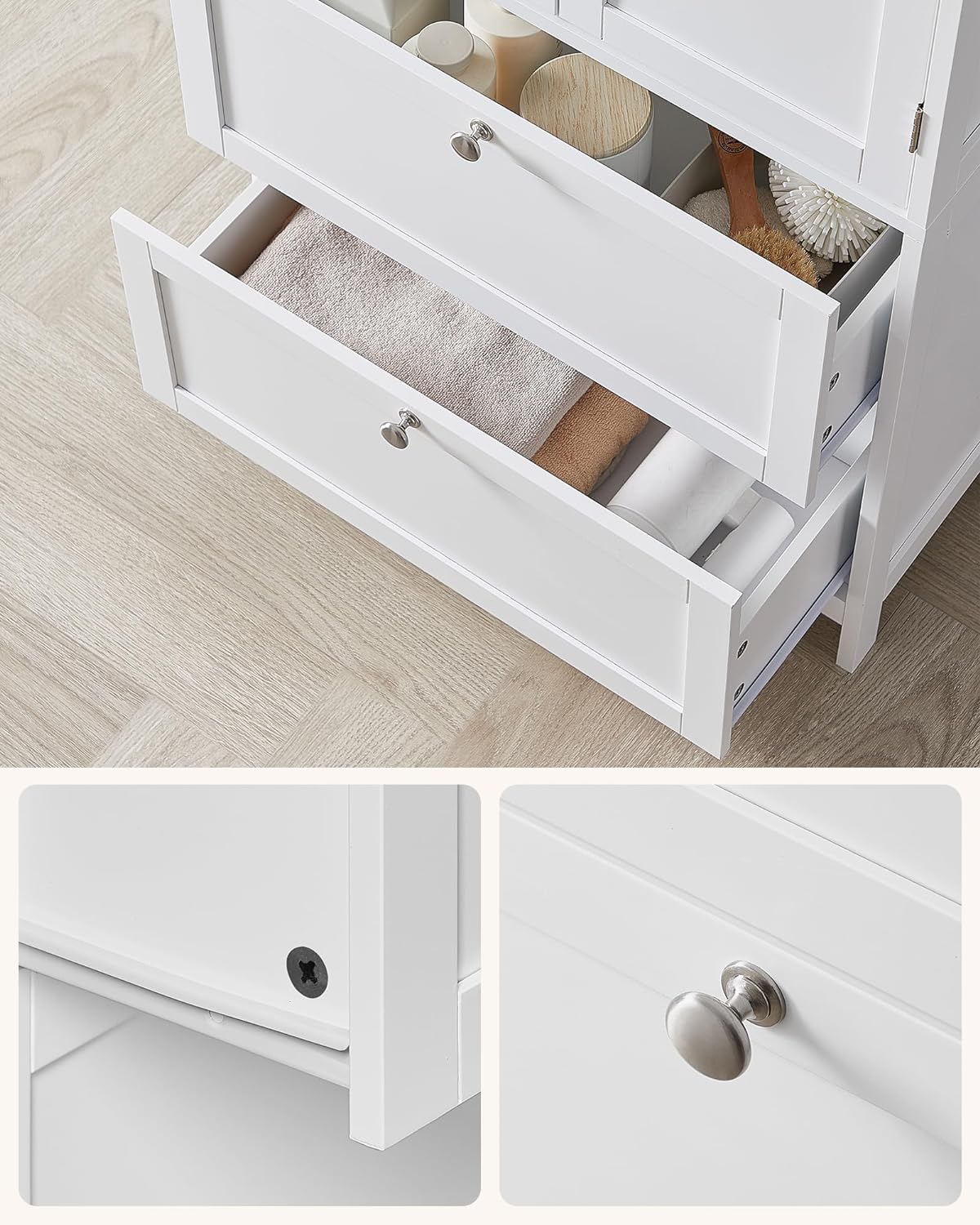 Badrumsskåp – Justerbar hylla – 2 lådor – Vit