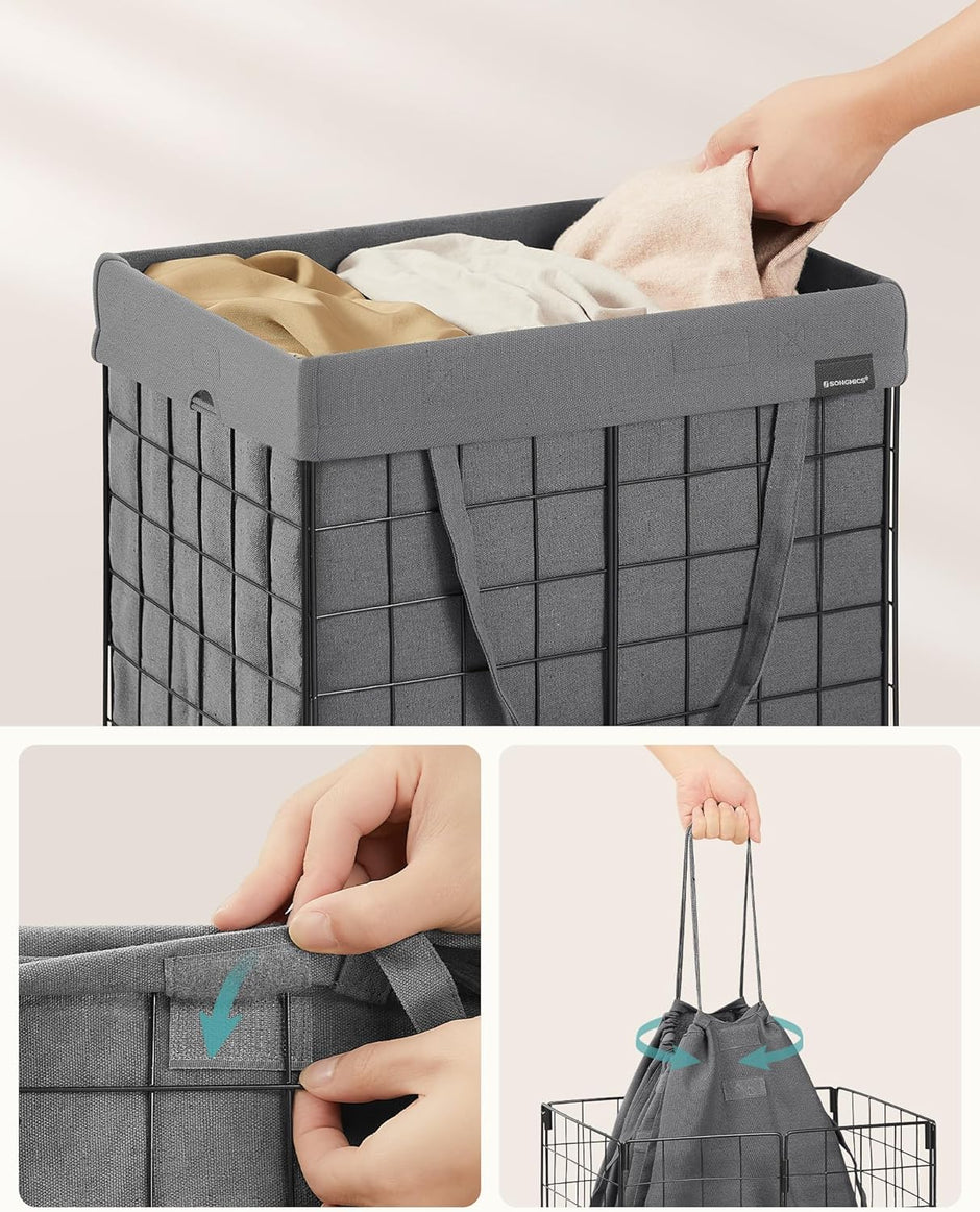 Tvättkorg - Avtagbar tvättpåse - Metallram - Silver och svart