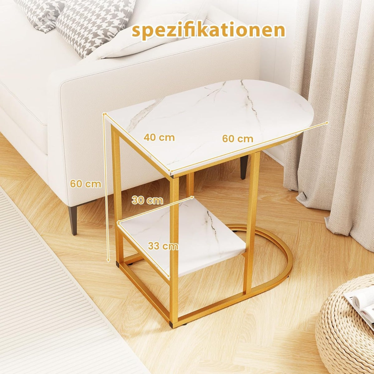 Sidobord – med marmorutseende vånings soffbord avlastningsyta C format kaffebord – 2 – Vit