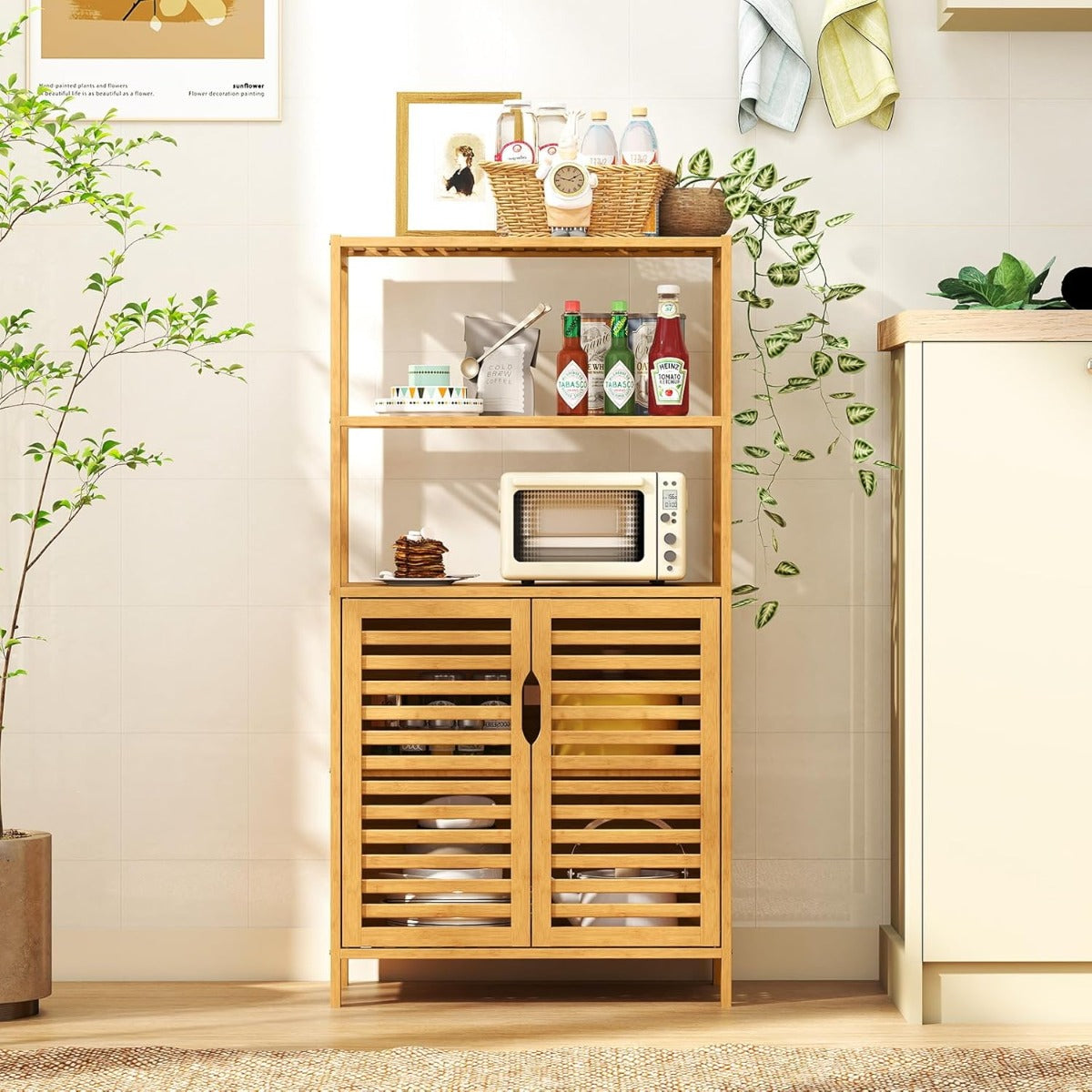Bambu – bokhylla med dörrar vånings lameldörrskåp – 4 60 x 33 x 116 cm – Natur