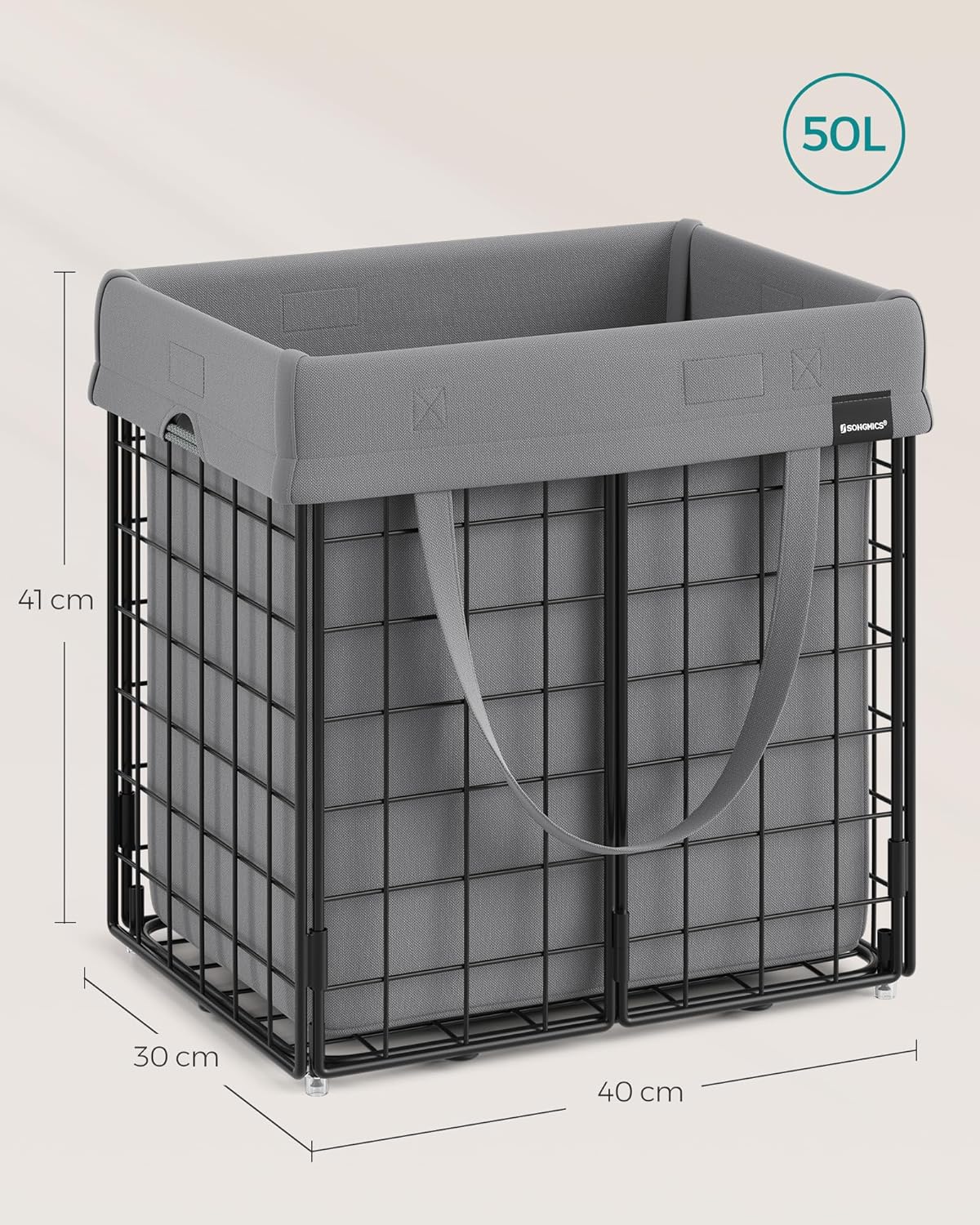 Tvättkorg - Avtagbar tvättpåse - Metallram - Silver och svart