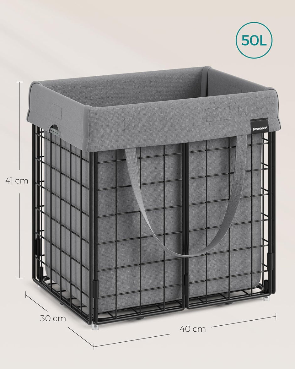 Tvättkorg - Avtagbar tvättpåse - Metallram - Silver och svart