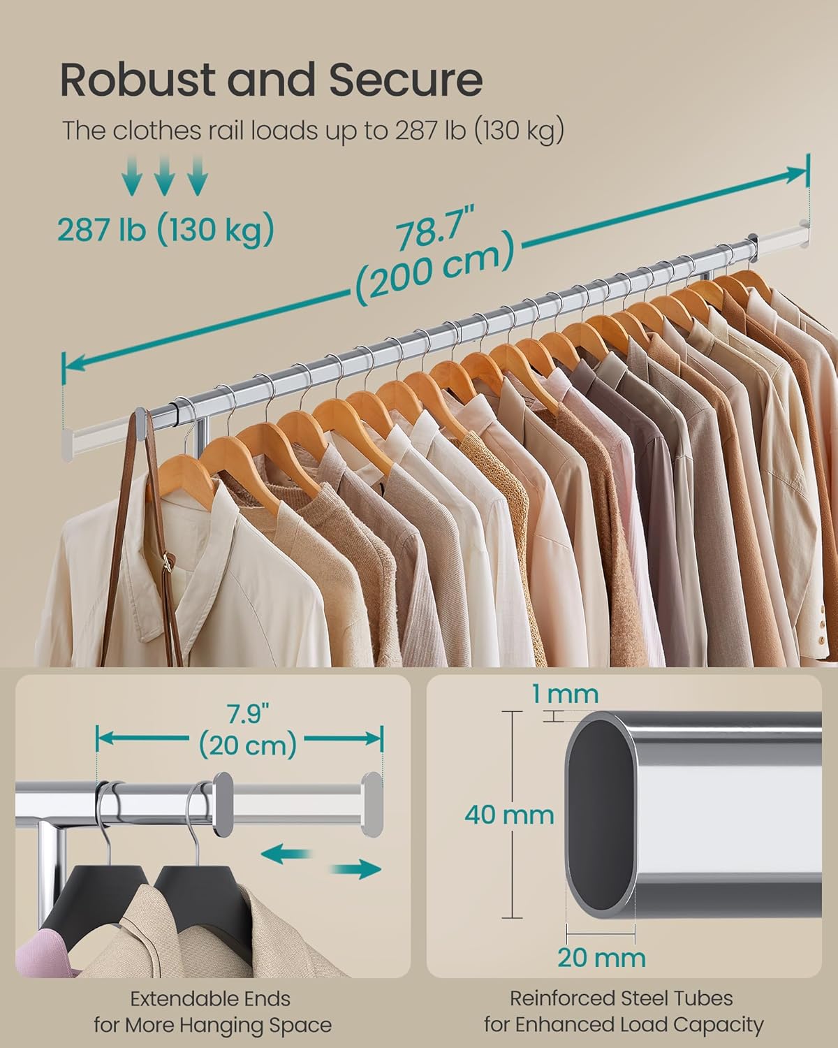 Klädställ på hjul – Utdragbar stång 160–200 cm – 150 kg Lastkapacitet – Silver