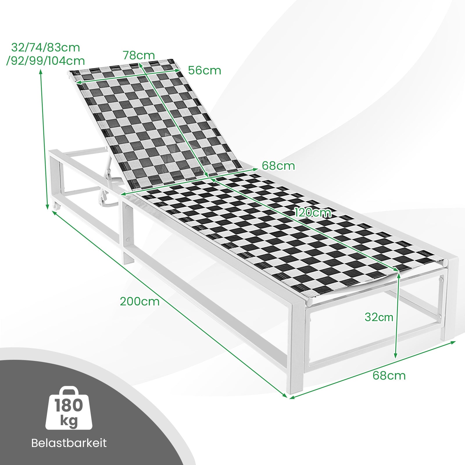 Solsäng – med hjul XXL Trädgårdssoffa justerbart ryggstöd Terrasssoffa upp till belastningskapacitet – 180 kg – Svart och vit