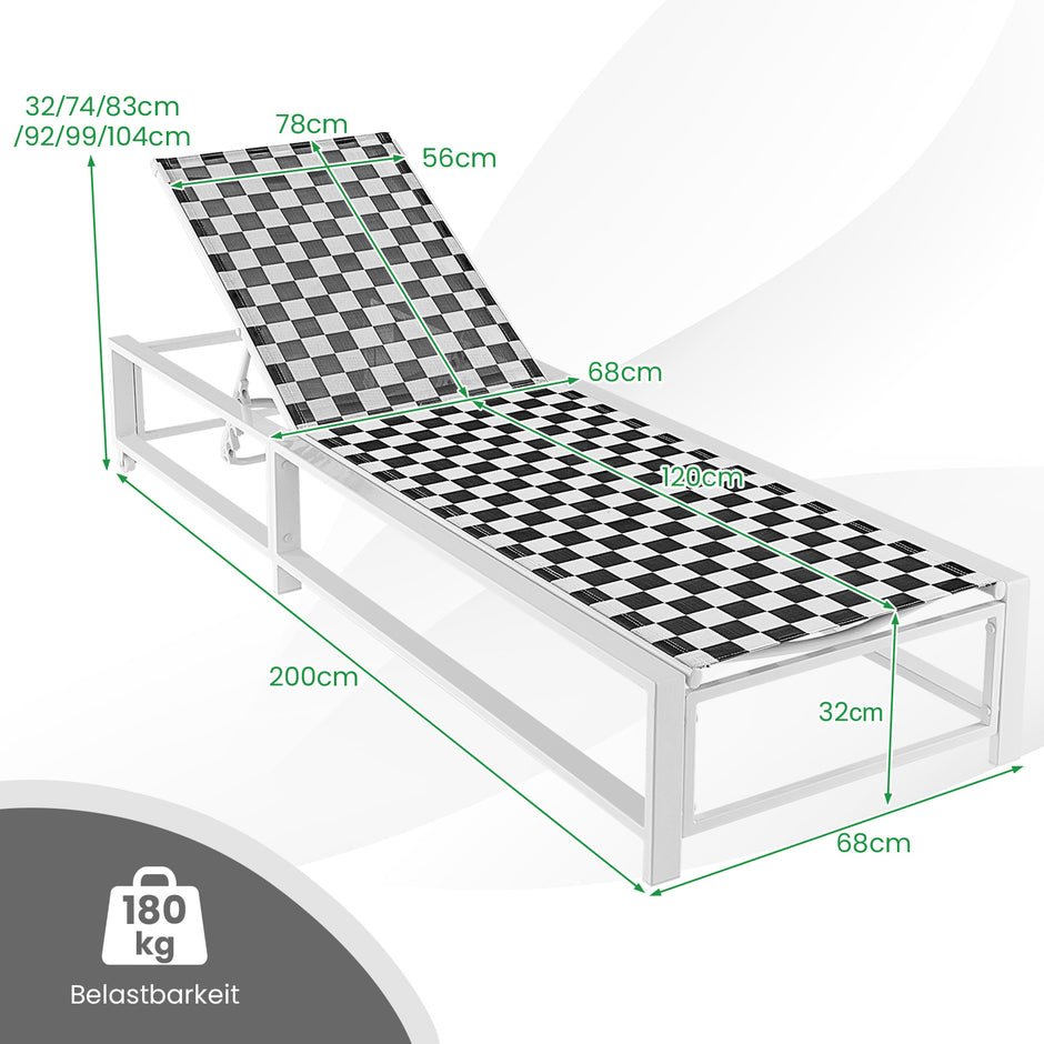 Solsäng – med hjul XXL Trädgårdssoffa justerbart ryggstöd Terrasssoffa upp till belastningskapacitet – 180 kg – Svart och vit