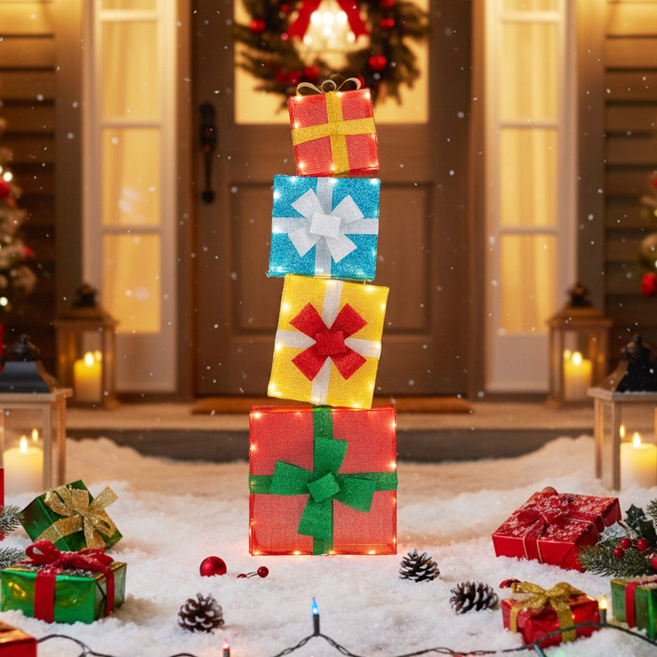 Belyst – Presentlåda 2D Juldekoration Set med LED Ljus staplad – 4 120 cm – Flerfärgad