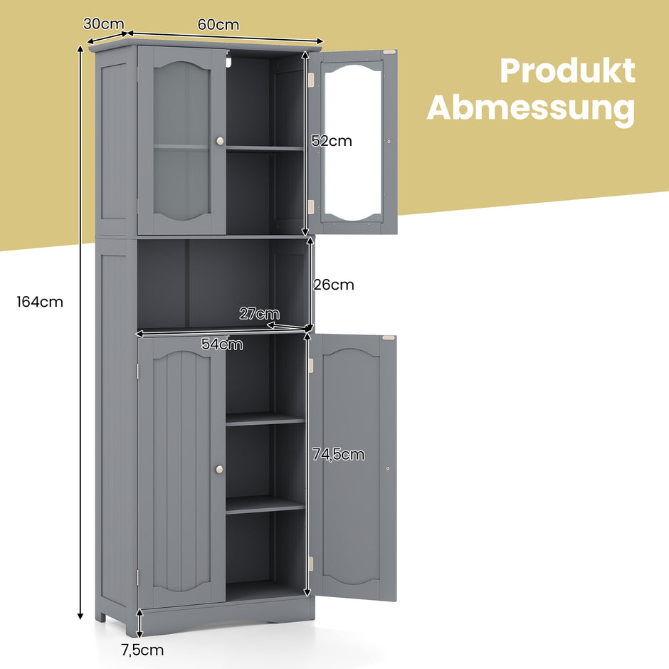 Fristående – högskåp för badrum med dörrar och justerbart hyllplan, badskåp tippskydd, – 4 164 cm – Grå