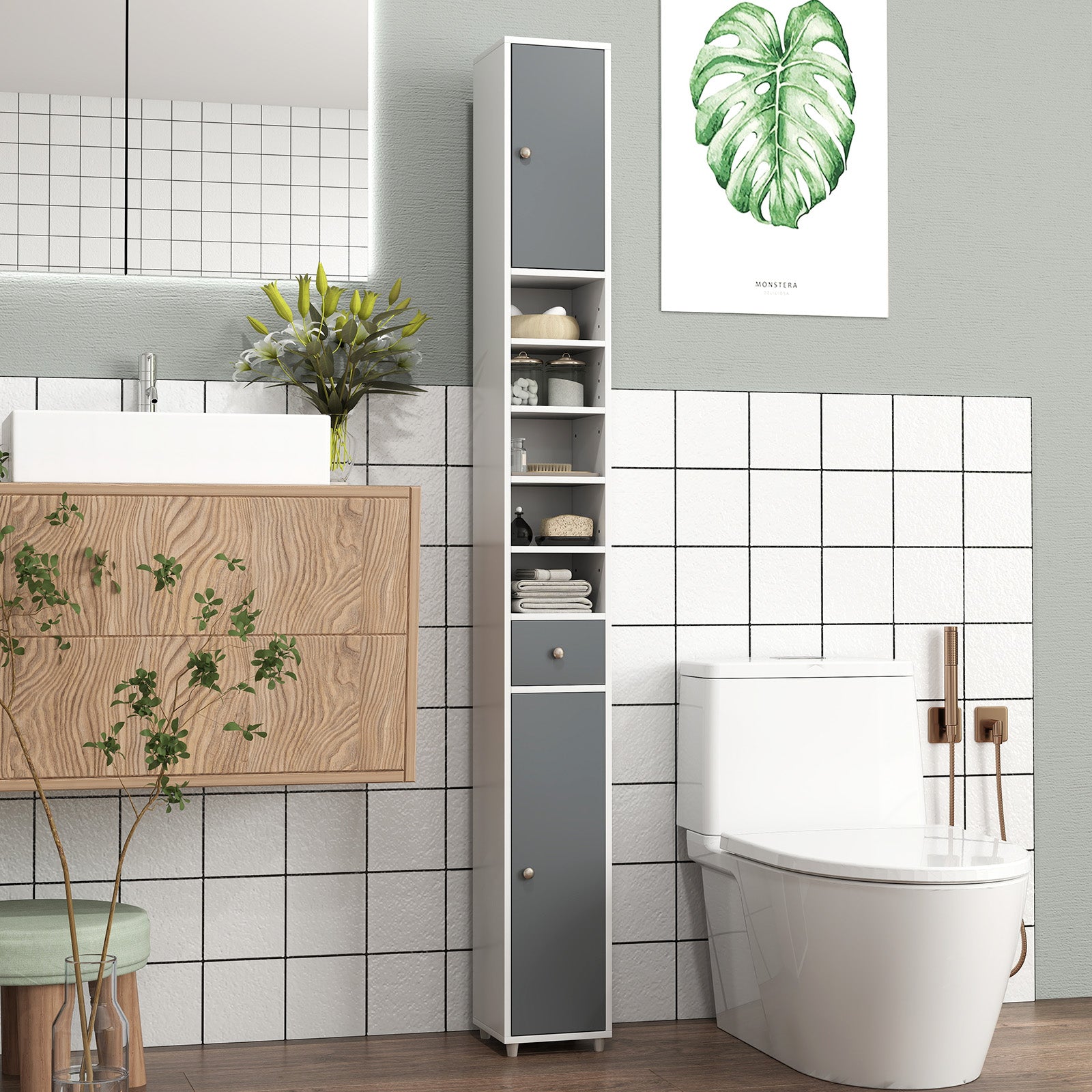 Badskåp – högskåp smalt badrumsskåp med dörrar + – 2 20 x 20 x 180 cm – Grå och vit
