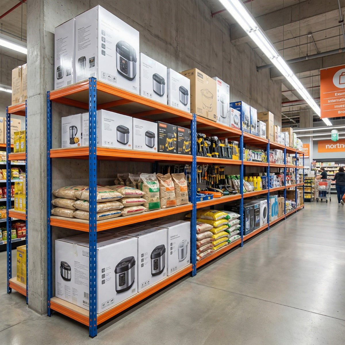 vånings – metallhylla med justerbara hyllplan Tunglastshylla Belastbar upp till – 4 2400 kg – Orange