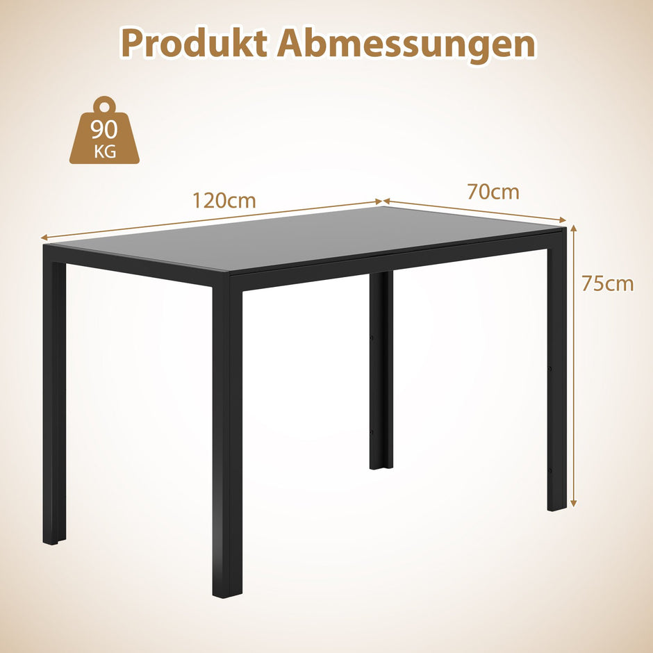 Matbord – i glas, köksbord för personer, matsalsbord med metallram, fyrkantigt köksmöbler – 4 120 x 70 x 75 cm – Svart
