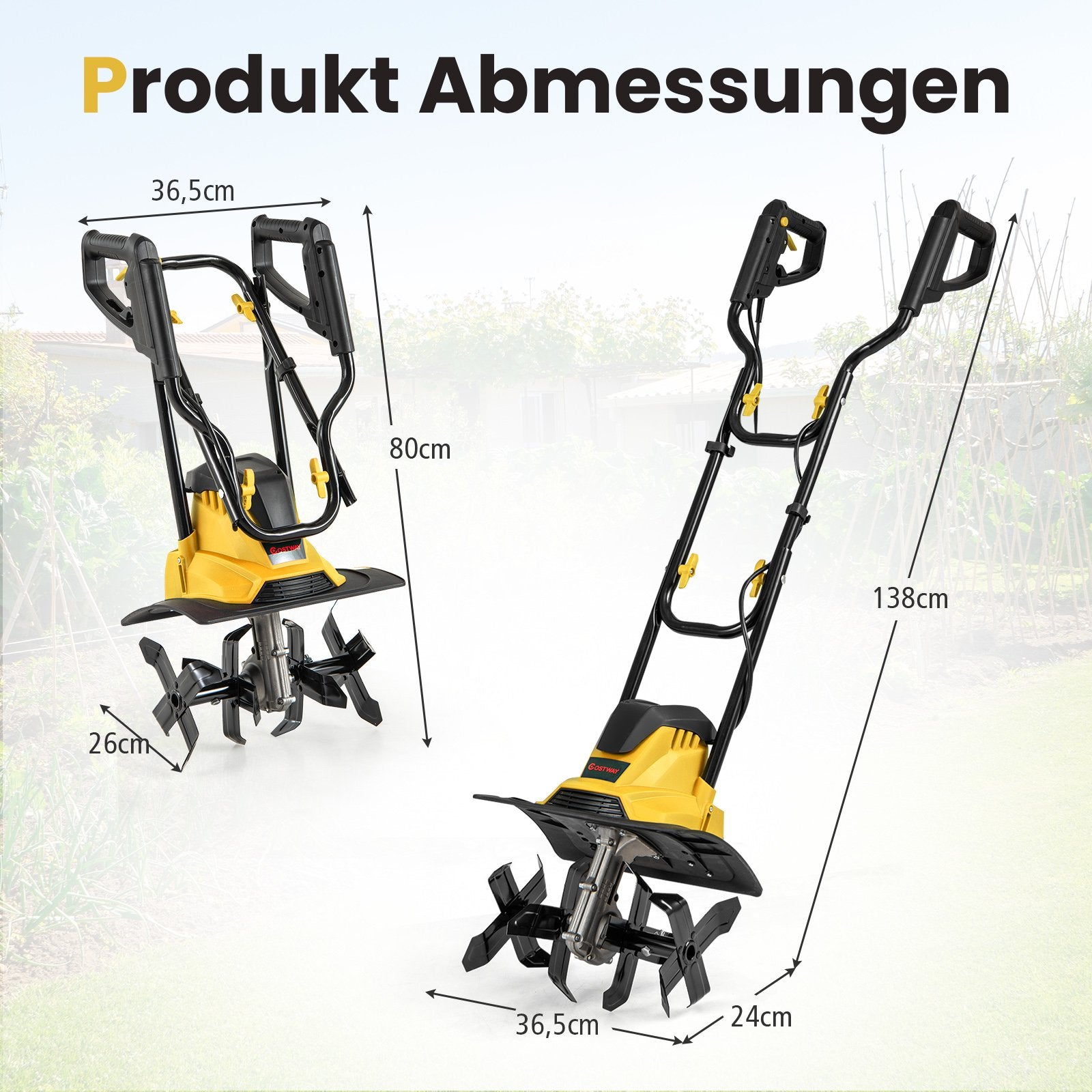 Elektrisk – jordfräs 1200W | Arbetsbredd Arbetsdjup varv/min Elektro med skyddsbrytare och handtag – 36 cm 22 cm 380 36,5 x 24 x 138 cm – Gul
