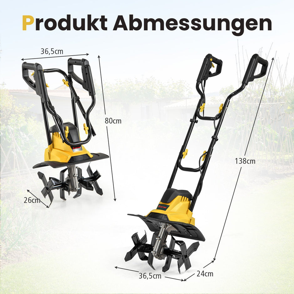Elektrisk – jordfräs 1200W | Arbetsbredd Arbetsdjup varv/min Elektro med skyddsbrytare och handtag – 36 cm 22 cm 380 36,5 x 24 x 138 cm – Gul