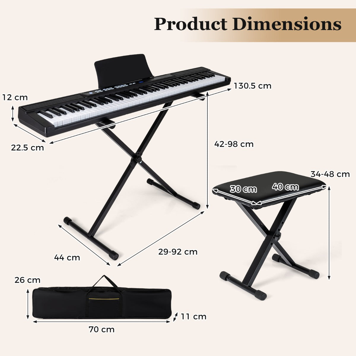 tangenter – E piano med justerbart ställ och pall sustainpedal Keyboard – 88 – Svart