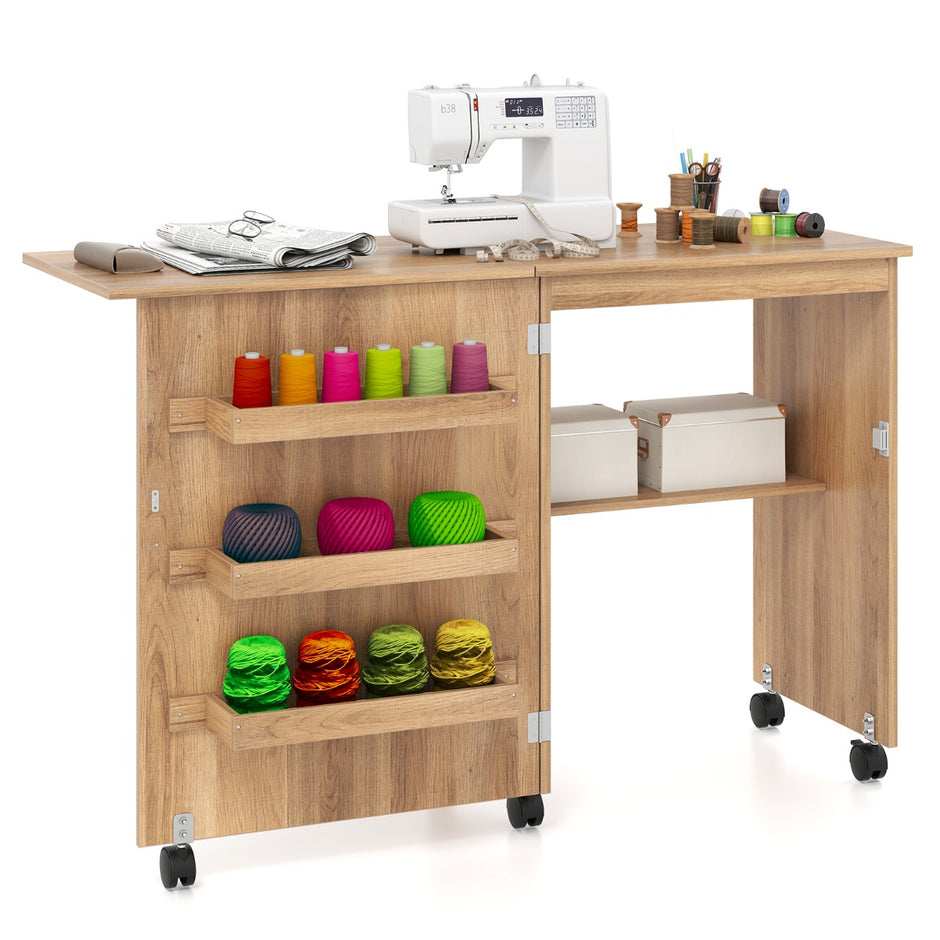 Fällbart – sybord Rullande hantverksstation med förvaringsfack dolda behållare Mobil – 3 118,5 x 40 x 79,5 cm – Natur