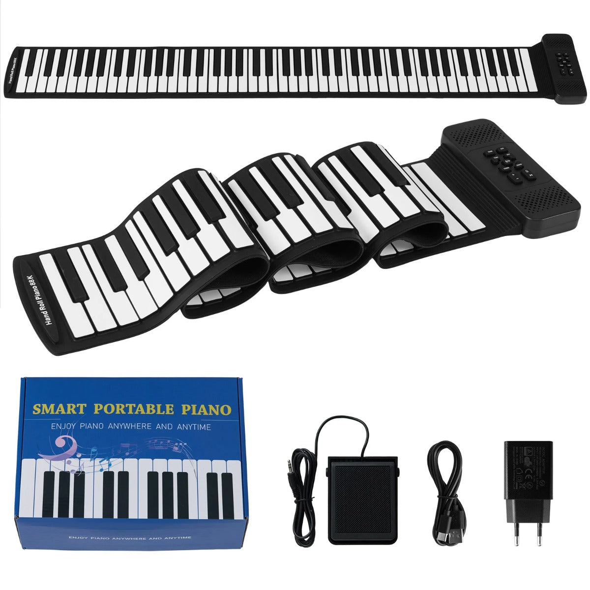 tangenter – Roll Up Piano hopfällbart med rytmer, toner och demos + vitt – 88 128 128 14 – Svart och vit
