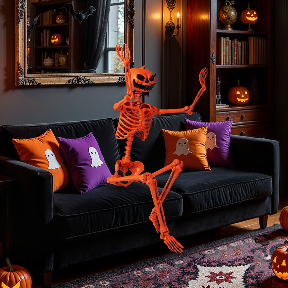 Halloween – skelett Livsstort som kan ställas i olika positioner, med pumpahuvud och rörliga leder – 16 m – Orange