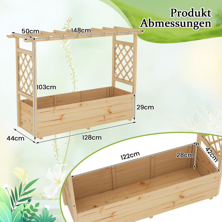Högbädd – med spaljé och hängande tak, planteringslåda stöd dräneringshål, blomlåda – 150 x 50 x 104 cm – Natur