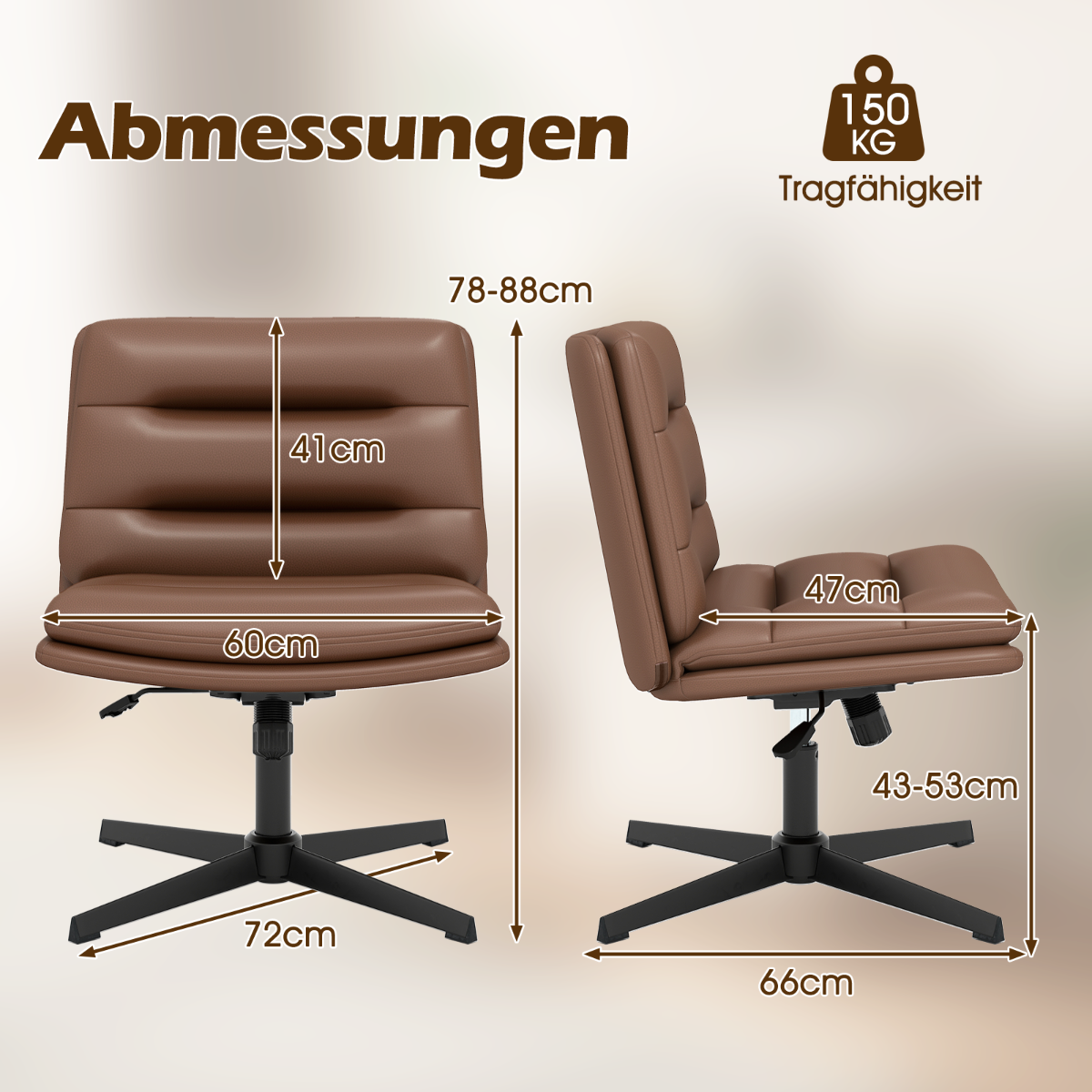 Schneidersitzstol – med tjock stoppning, höj och sänkbar snurrstol, kontorsstol – Brun