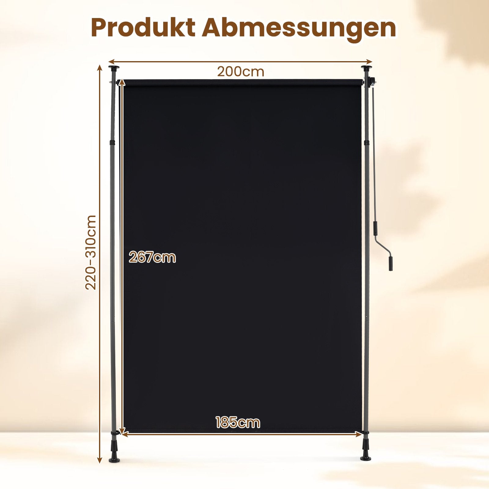 Vertikalmarkis – utomhus höjdjusterbar och utdragbar balkongmarkis – 200 x 220-310 cm – Svart
