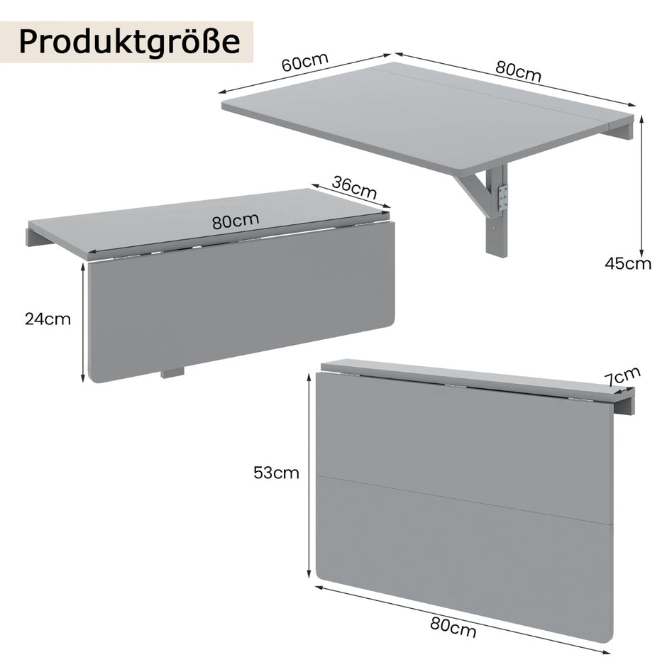 Väggmonterat – hopfällbart bord Platsbesparande – 80 x 60 cm – Grå