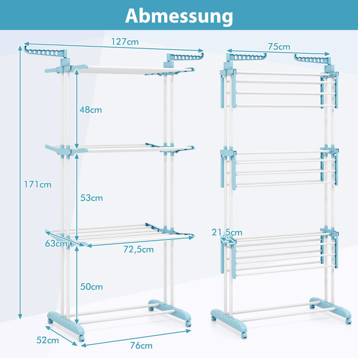 stegs – klädställning hopfällbar torkare med vridbara sidoflärpar – 3 127 x 63 x 171 cm – Blå