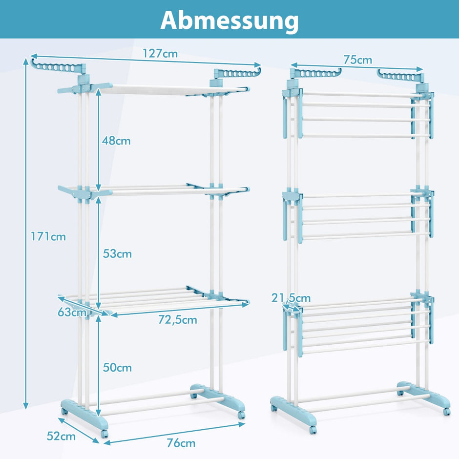 stegs – klädställning hopfällbar torkare med vridbara sidoflärpar – 3 127 x 63 x 171 cm – Blå