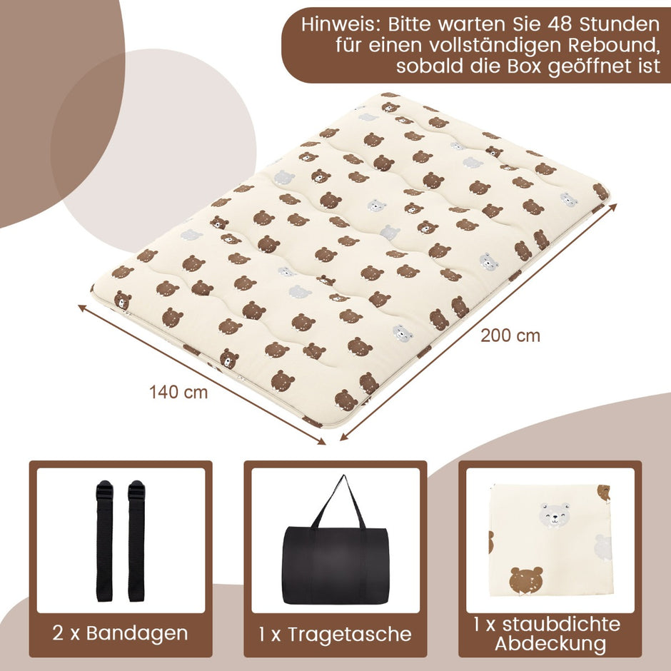 Japansk – futonmadrass med tvättbart överdrag och bärväska Tatami matta Brunbjörn – 140 x 200 cm – Brun