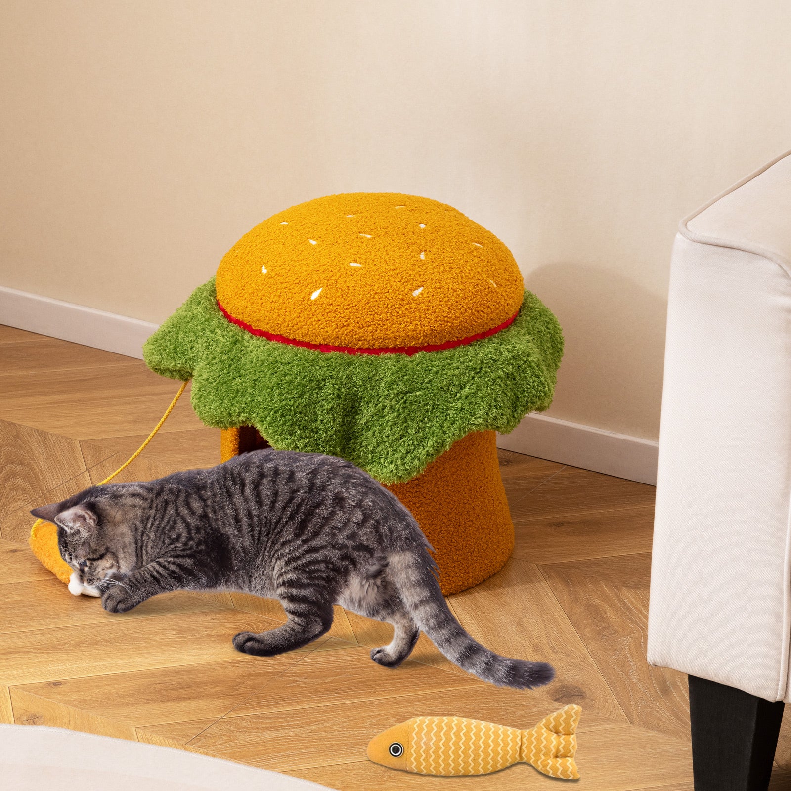 Sött – kattbädd hamburgarformat hus med vadderad övre sittplats hängande plyschleksak – Orange