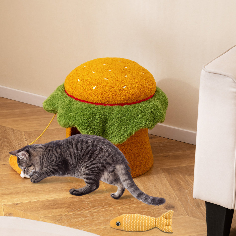 Sött – kattbädd hamburgarformat hus med vadderad övre sittplats hängande plyschleksak – Orange