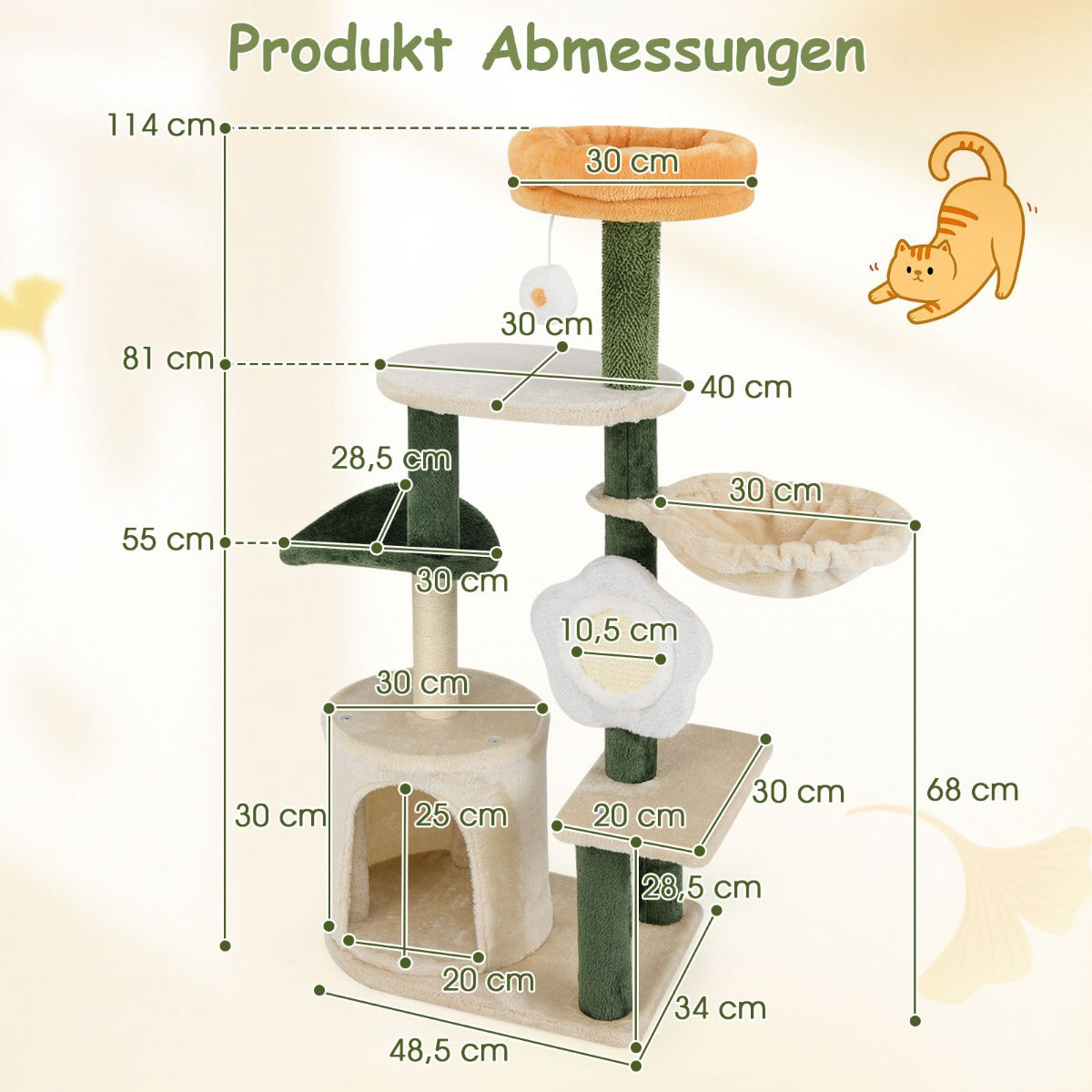 Kratsträd – högt kattträd med kattgrotta blommig sitsyta grön+beige – 114 cm – Färgglad