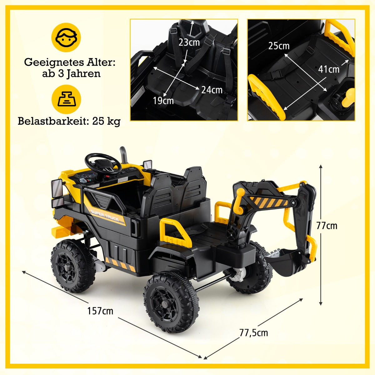 24V – elektrisk grävmaskin för barn med fyrhjulsdrift och fjärrkontroll Byggfordon från år Gult – 3 – Gul