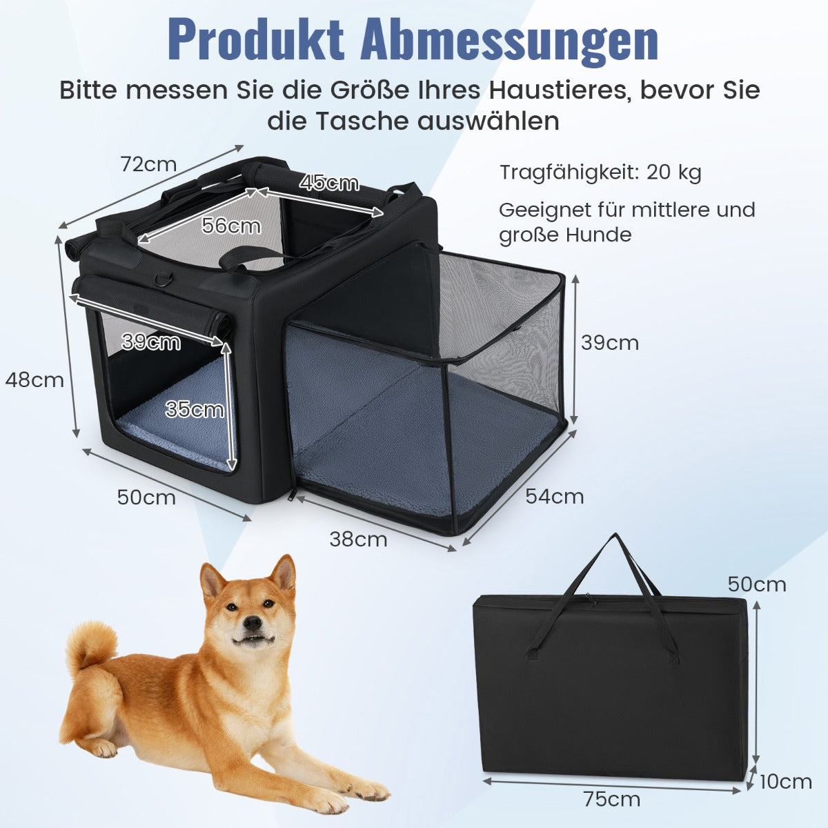 Fällbar – hundbur med öppningar och fönster nätkorg hundtransportbur hundväska – 2 88 x 72 x 48 cm – Svart