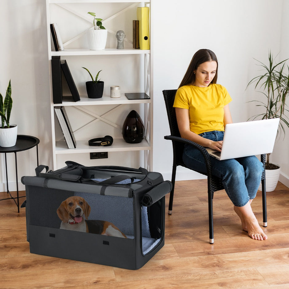 Fällbar – hundbur med öppningar och fönster nätkorg hundtransportbur hundväska – 2 88 x 72 x 48 cm – Svart