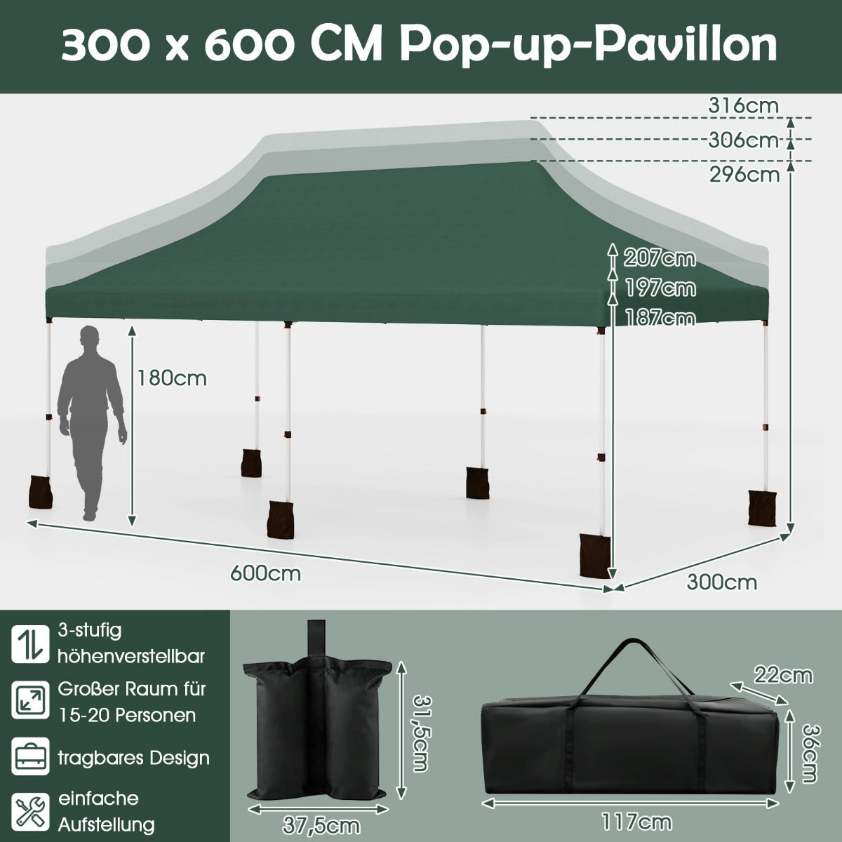 Stort – pop up taktält hopfällbart evenemangstält med bärväska – 300 x 600 cm – Grön