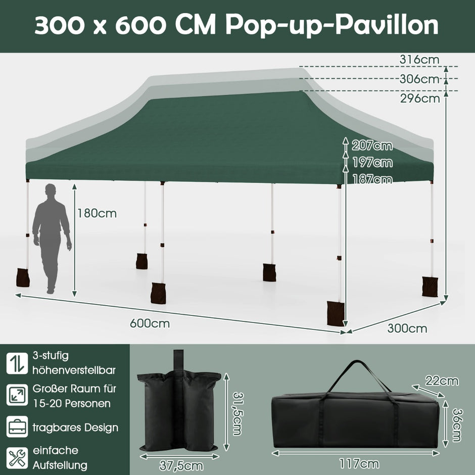 Stort – pop up taktält hopfällbart evenemangstält med bärväska – 300 x 600 cm – Grön