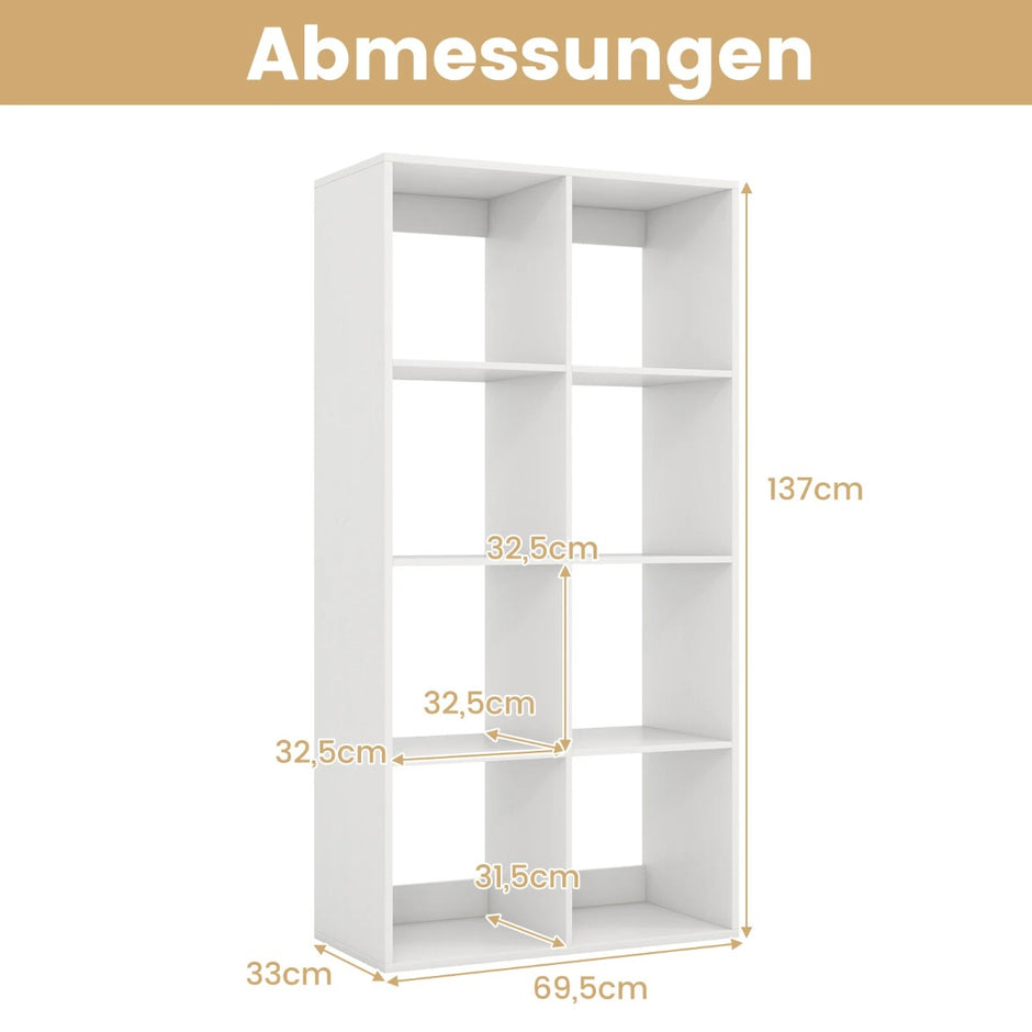 kubers – bokhylla modern kubhylla med skyddsräcke på baksidan och tippskyddssats – 8 69,5 x 33 x 137 cm – Vit