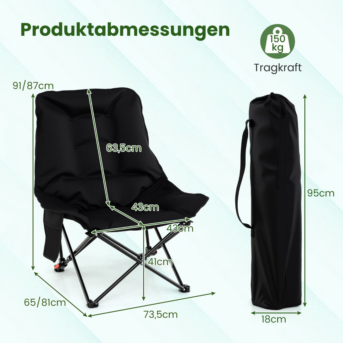 Fällbar – campingstol med justerbart ryggstöd och sidoficka, vadderad – Svart