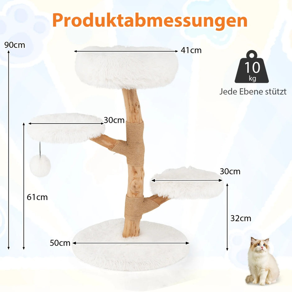 Hög – klösstång för katter i massivt päronträ med utsiktsplattform – 90 cm – Vit
