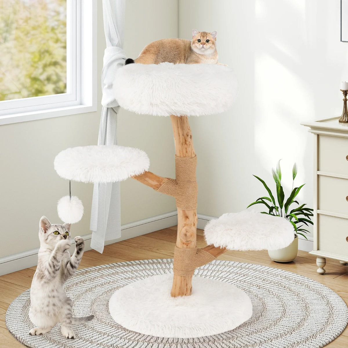 Hög – klösstång för katter i massivt päronträ med utsiktsplattform – 90 cm – Vit