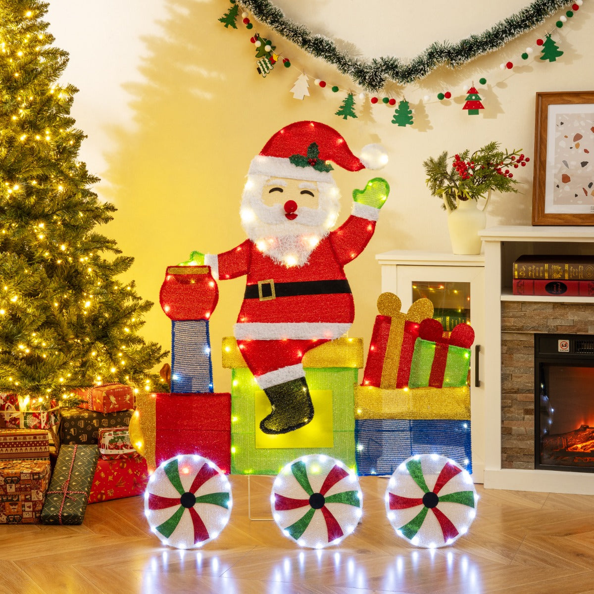 Belyst – 2D Jultomte i Tåg Juldekoration med LED Ljus och Glitterslöjor Julpynt – Flerfärgad