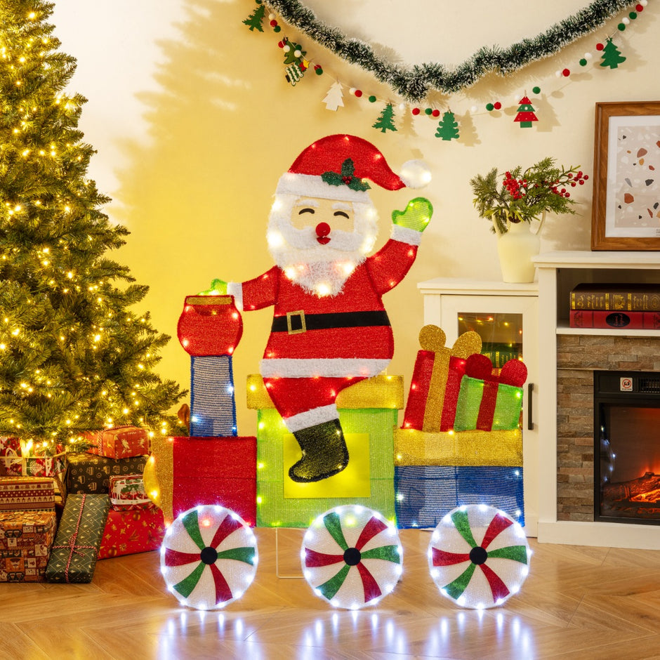 Belyst – 2D Jultomte i Tåg Juldekoration med LED Ljus och Glitterslöjor Julpynt – Flerfärgad